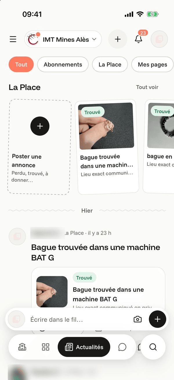 Écran « Les Actualités » de l’application Komi sur iPhone