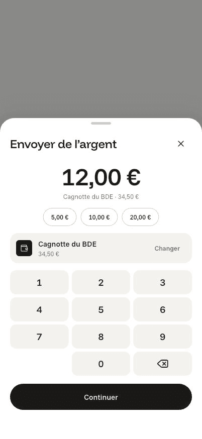 Écran « Envoyer de l’argent » de l’application Komi sur iPhone