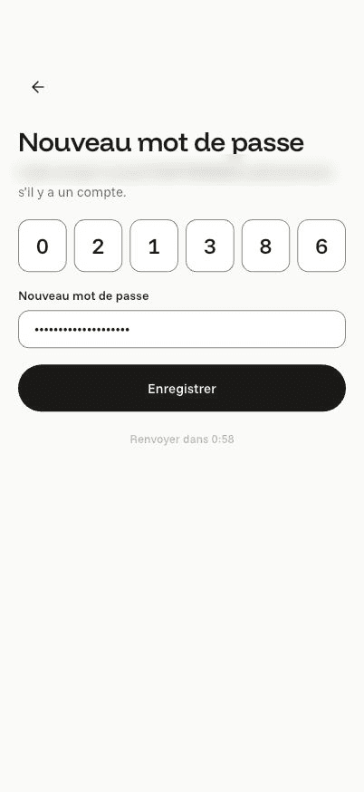 Écran « Nouveau mot de passe » de l’application Komi sur iPhone