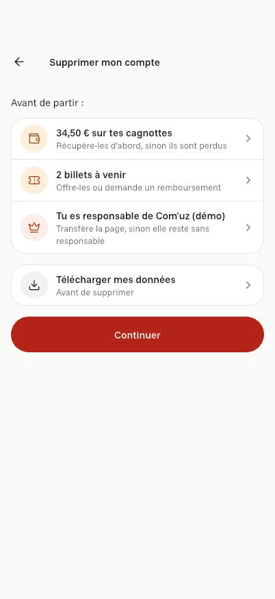 Écran « Supprimer ton compte » de l’application Komi sur iPhone