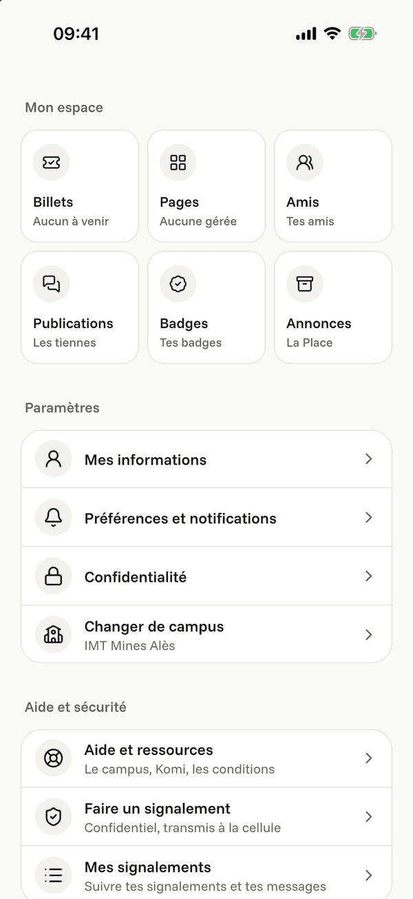 Écran « Mon espace » de l’application Komi sur iPhone