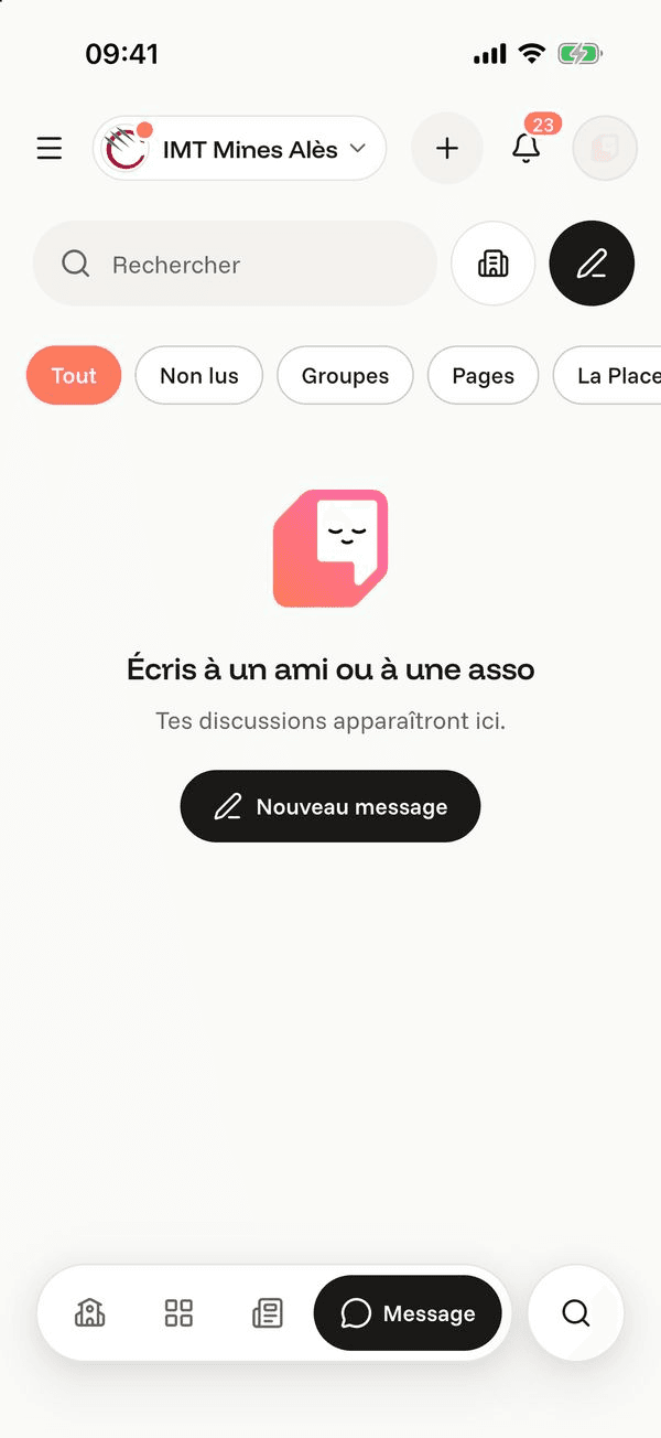 Écran « Les Messages » de l’application Komi sur iPhone