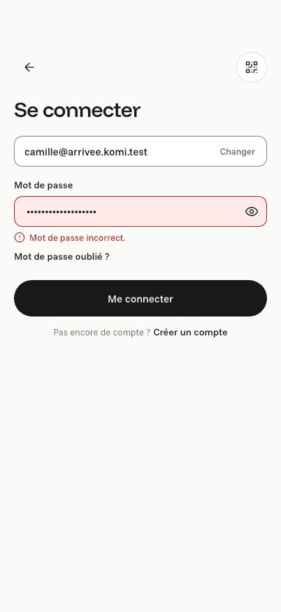 Écran « Mot de passe incorrect » de l’application Komi sur iPhone