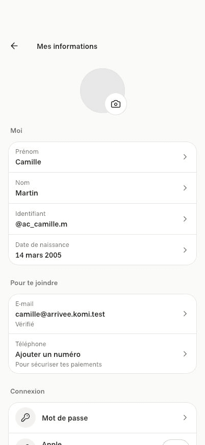Écran « Mes informations » de l’application Komi sur iPhone