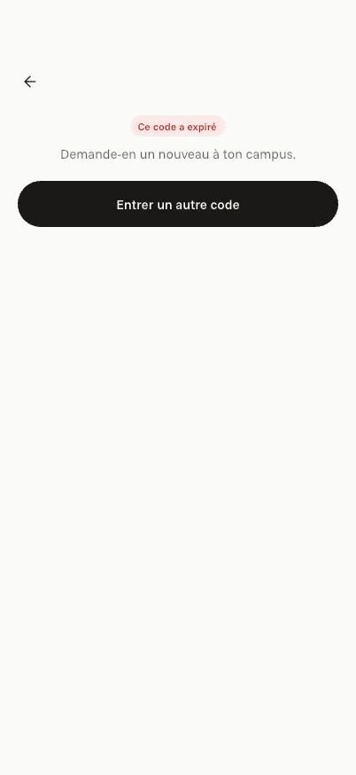 Écran « Code de campus expiré » de l’application Komi sur iPhone