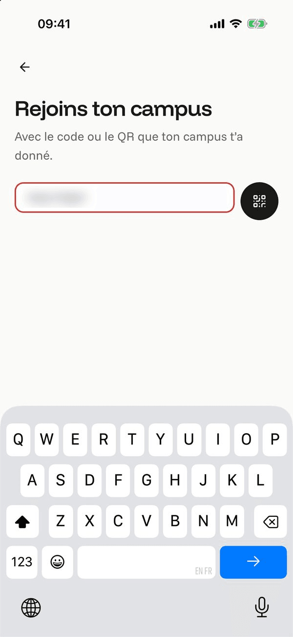 Écran « Saisis le code » de l’application Komi sur iPhone