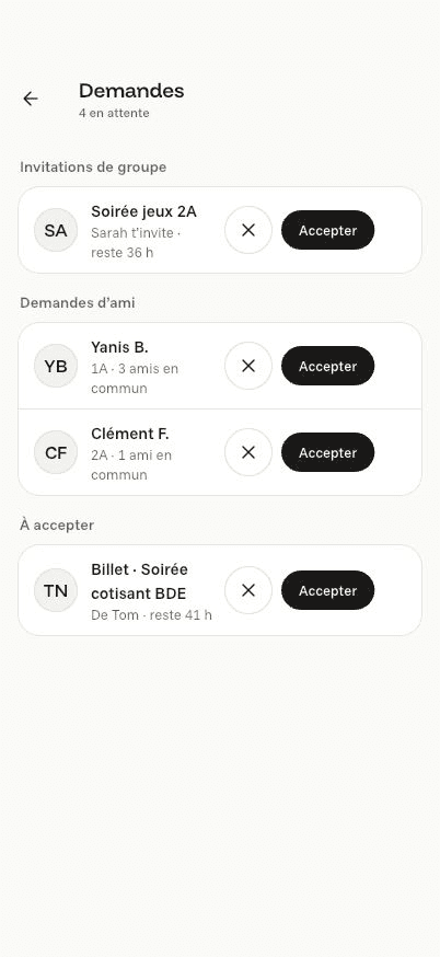Écran « Les demandes » de l’application Komi sur iPhone