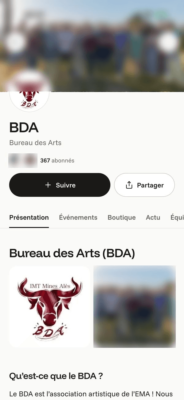 Écran « La page d’une asso » de l’application Komi sur iPhone