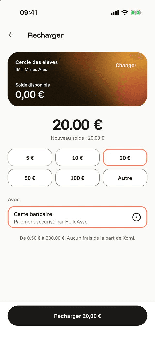 Écran « Recharger » de l’application Komi sur iPhone