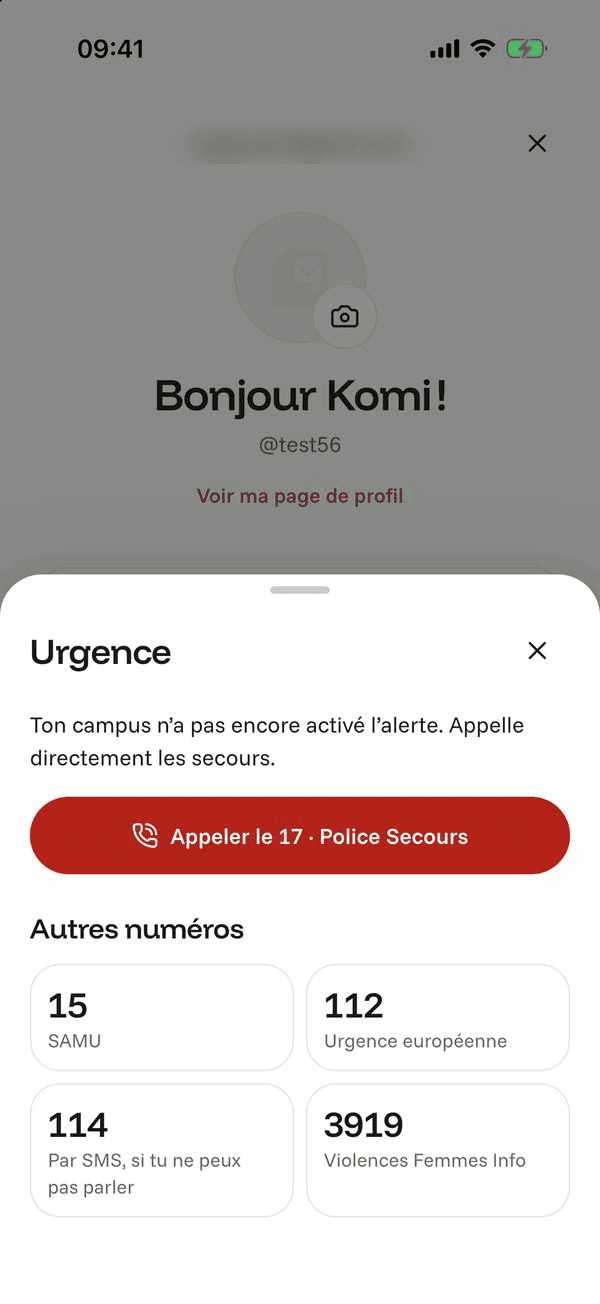 Écran « Sécurité et urgence » de l’application Komi sur iPhone