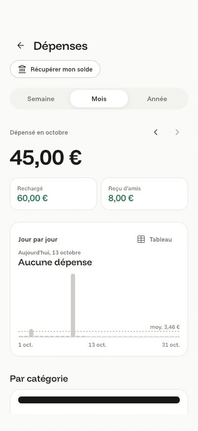 Écran « Tes dépenses » de l’application Komi sur iPhone
