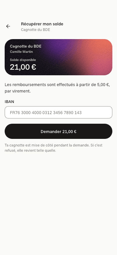 Écran « Récupérer ton solde » de l’application Komi sur iPhone