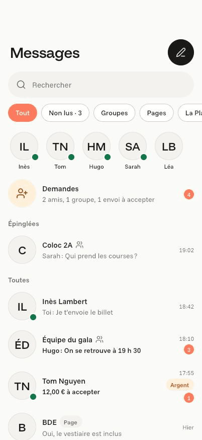 Écran « Ta boîte de réception » de l’application Komi sur iPhone