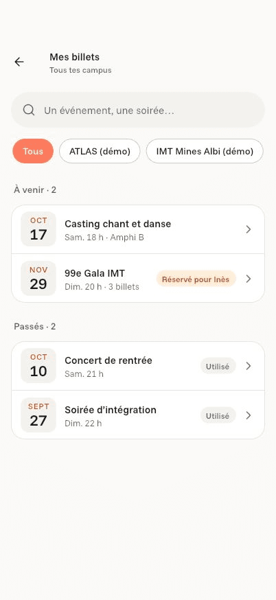 Écran « Mes billets » de l’application Komi sur iPhone