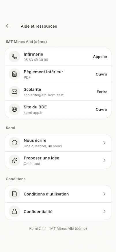 Écran « Les ressources du campus » de l’application Komi sur iPhone