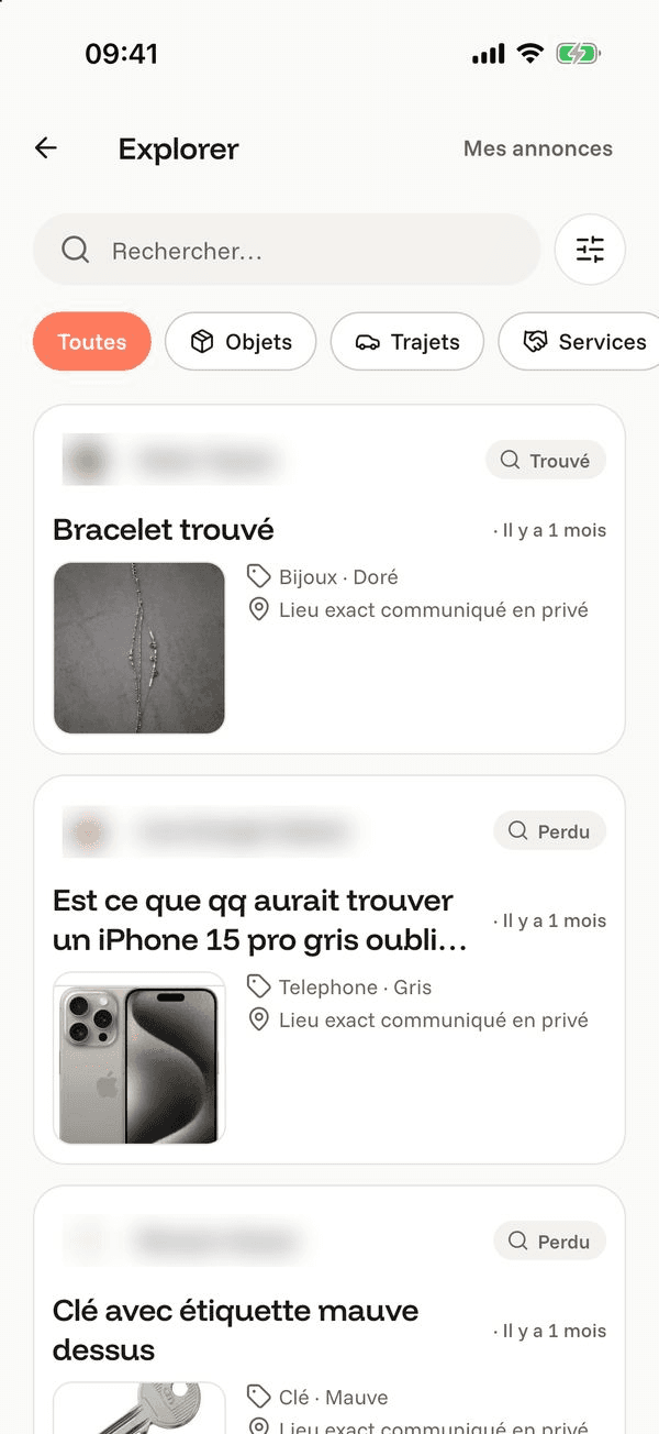Écran « Parcourir les annonces » de l’application Komi sur iPhone