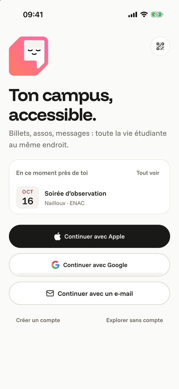 Écran « Ouvre Komi » de l’application Komi sur iPhone