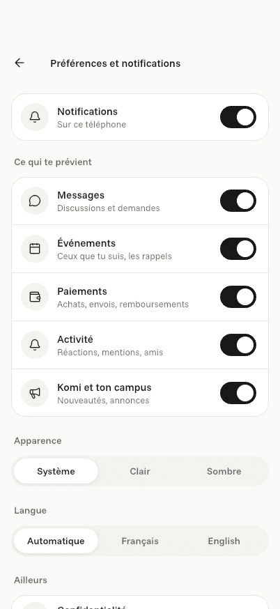 Écran « Préférences et notifications » de l’application Komi sur iPhone