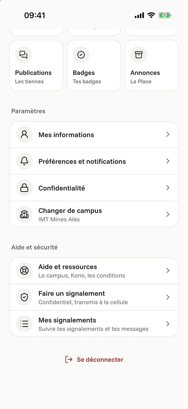 Écran « Aide et sécurité » de l’application Komi sur iPhone