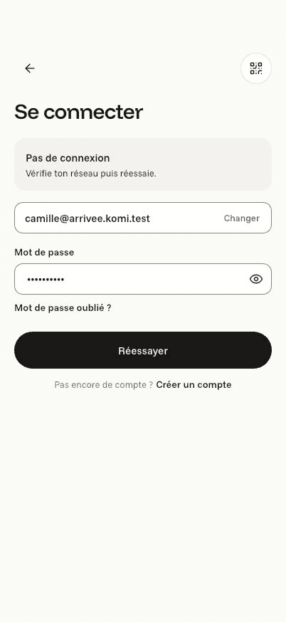 Écran « Pas de connexion » de l’application Komi sur iPhone