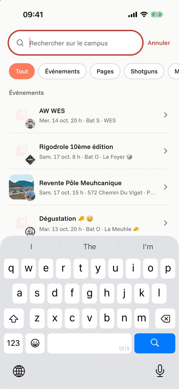 Écran « Rechercher » de l’application Komi sur iPhone