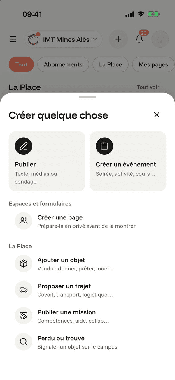 Écran « Publier » de l’application Komi sur iPhone