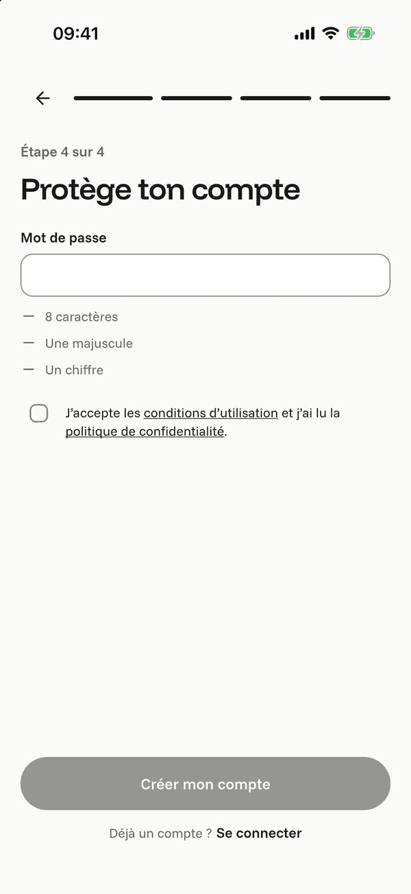 Écran « Protège ton compte » de l’application Komi sur iPhone