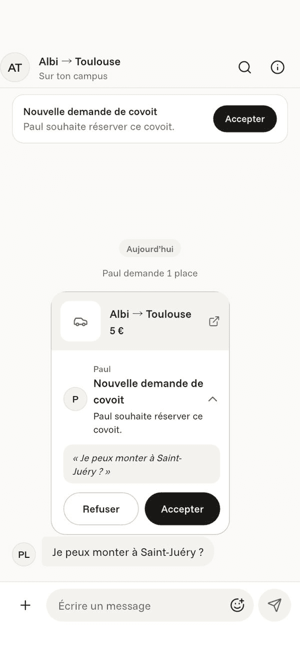 Écran « Un covoiturage » de l’application Komi sur iPhone