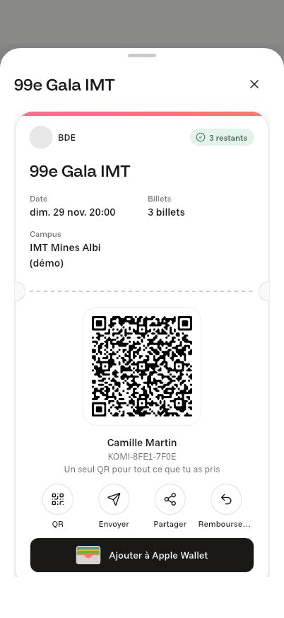 Écran « Présente ton billet » de l’application Komi sur iPhone
