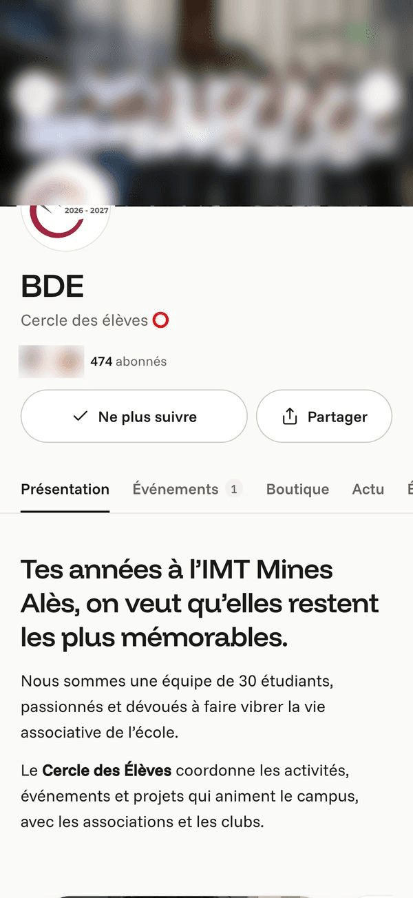 Écran « Tu suis déjà la page » de l’application Komi sur iPhone
