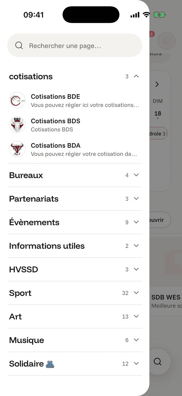 Écran « L’annuaire des pages » de l’application Komi sur iPhone