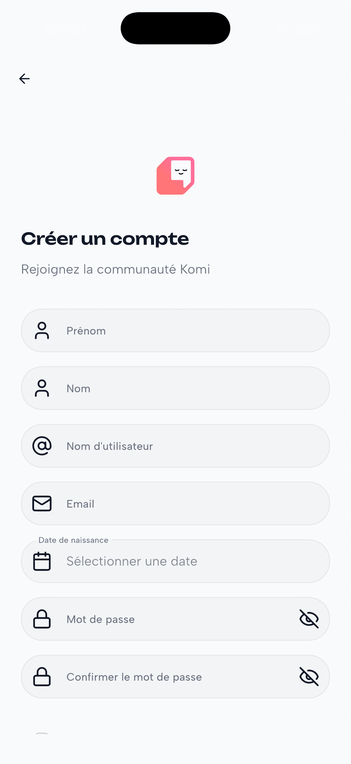 Écran de création de compte dans l’application Komi