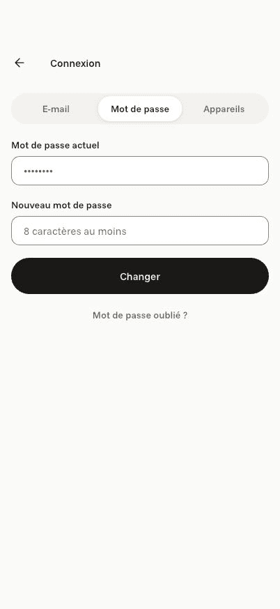 Écran « Sécurité » de l’application Komi sur iPhone