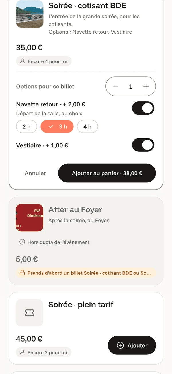 Écran « Choisis tes options » de l’application Komi sur iPhone